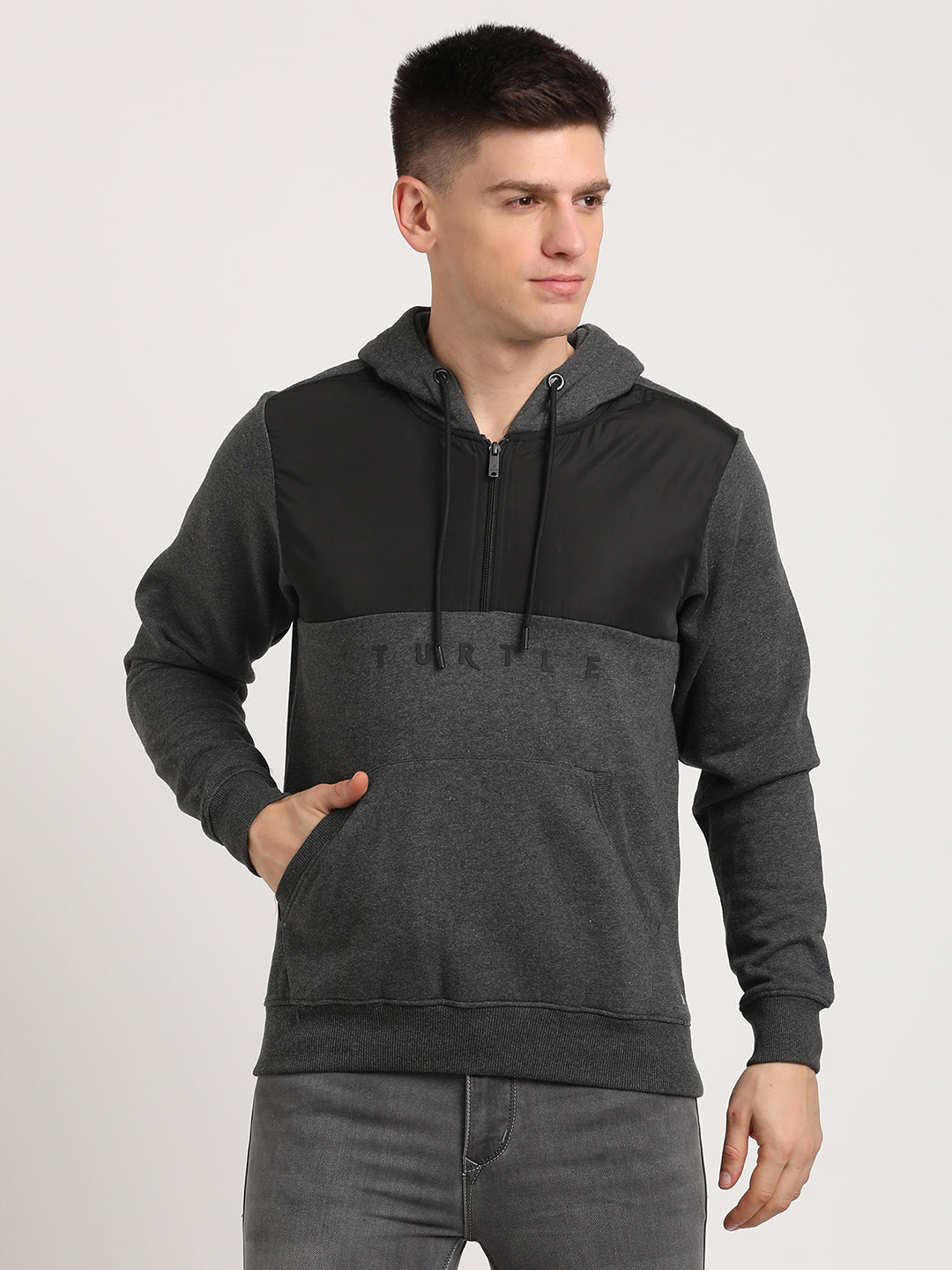 Poly Cotton Grey Striped Regular Fit Full Sleeve Casual Hoodie Sweatshirt