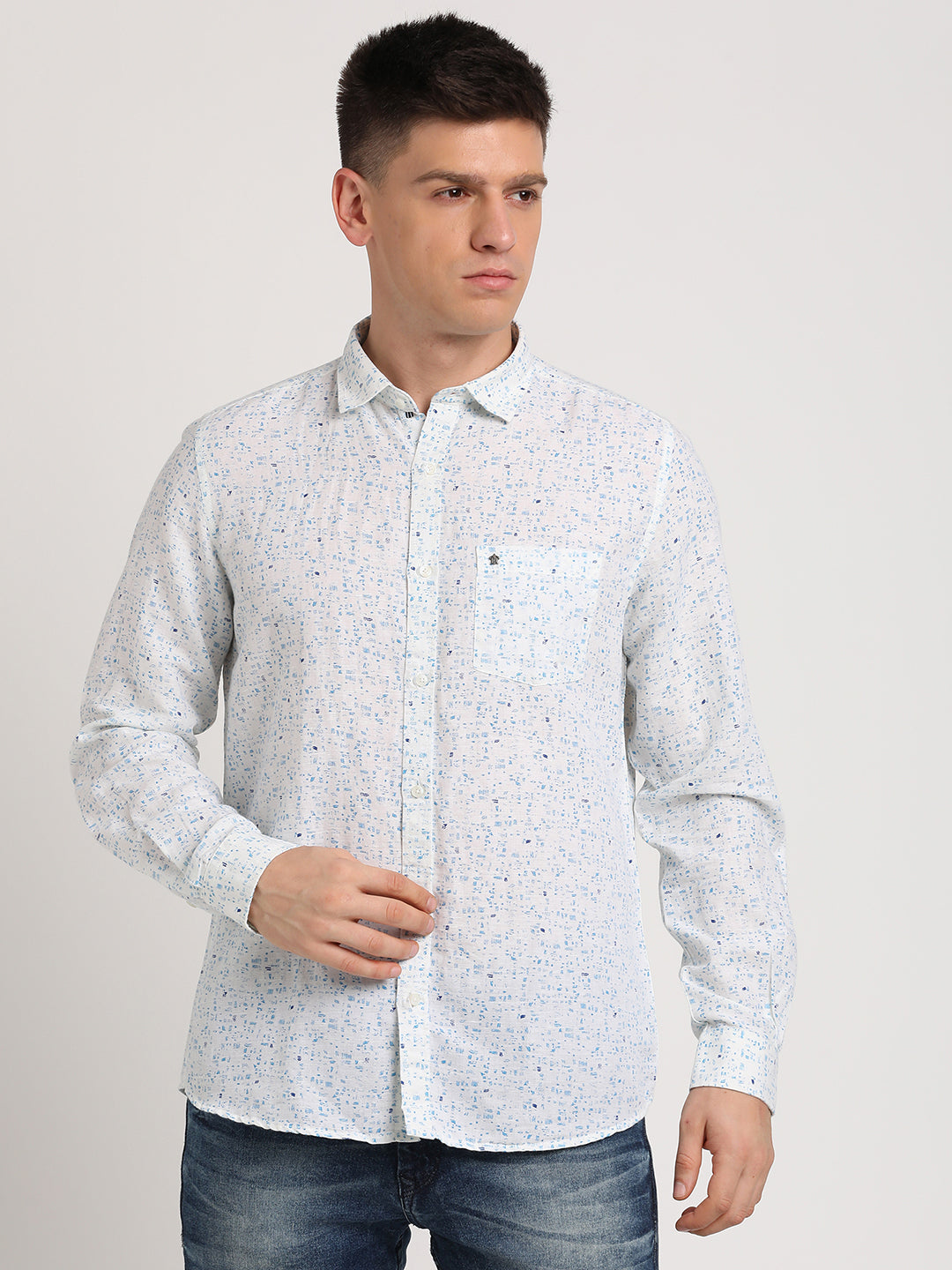 Cotton Linen White Printed Slim Fit Full Sleeve Casual Shirt