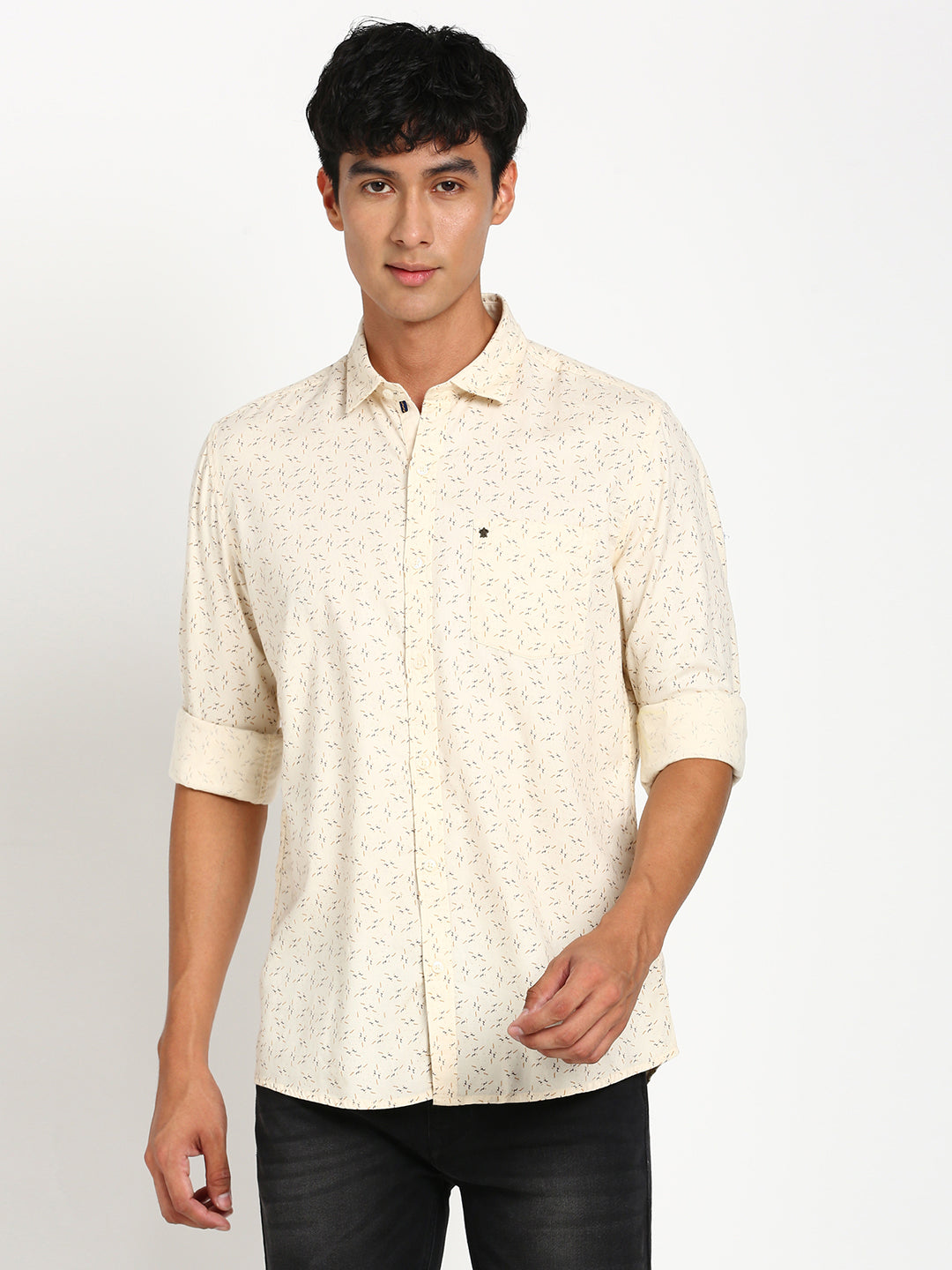 100% Cotton Beige Printed Slim Fit Full Sleeve Casual Shirt