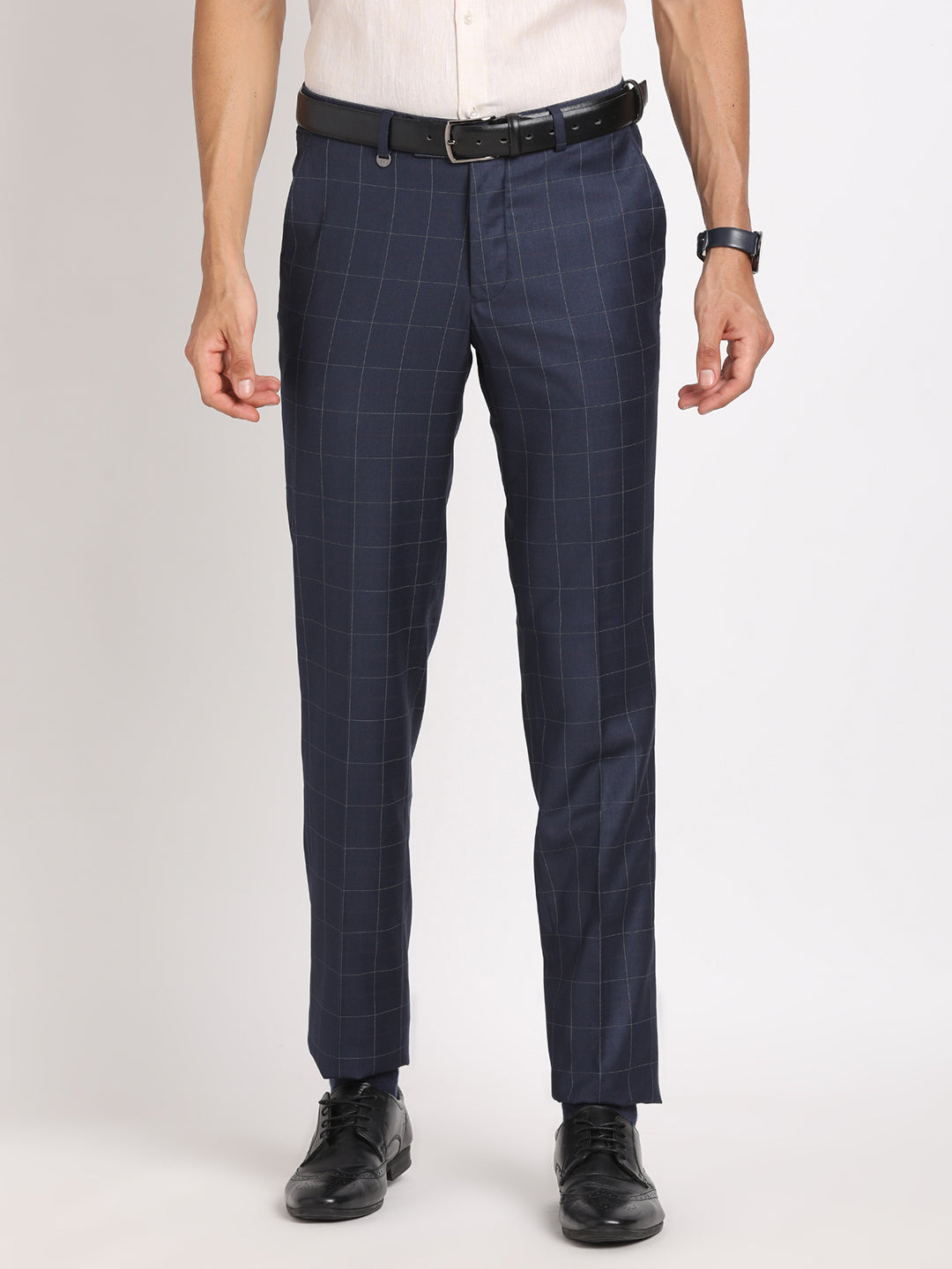 Terry Rayon Navy Blue Checkered Slim Fit Flat Front Formal Trouser