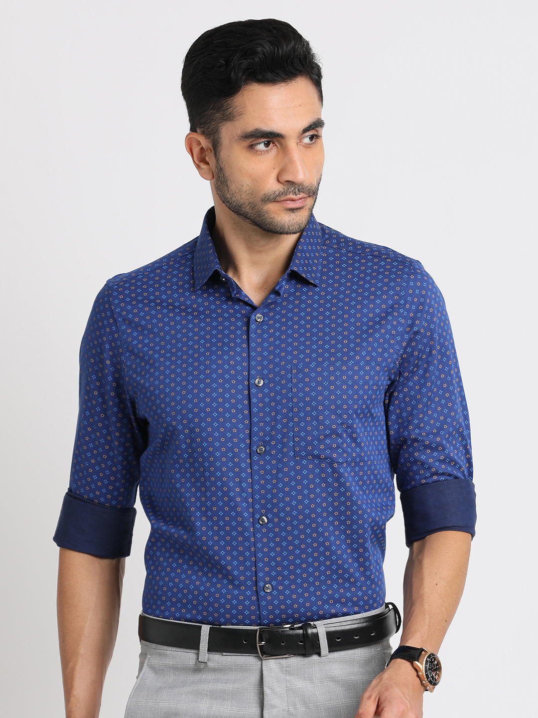 100% Cotton Blue Printed Slim Fit Full Sleeve Formal Shirt