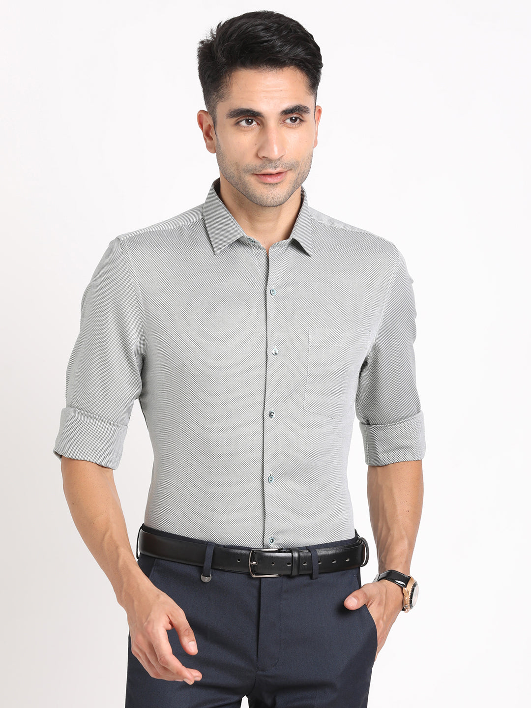 100% Cotton Grey Dobby Slim Fit Full Sleeve Formal Shirt