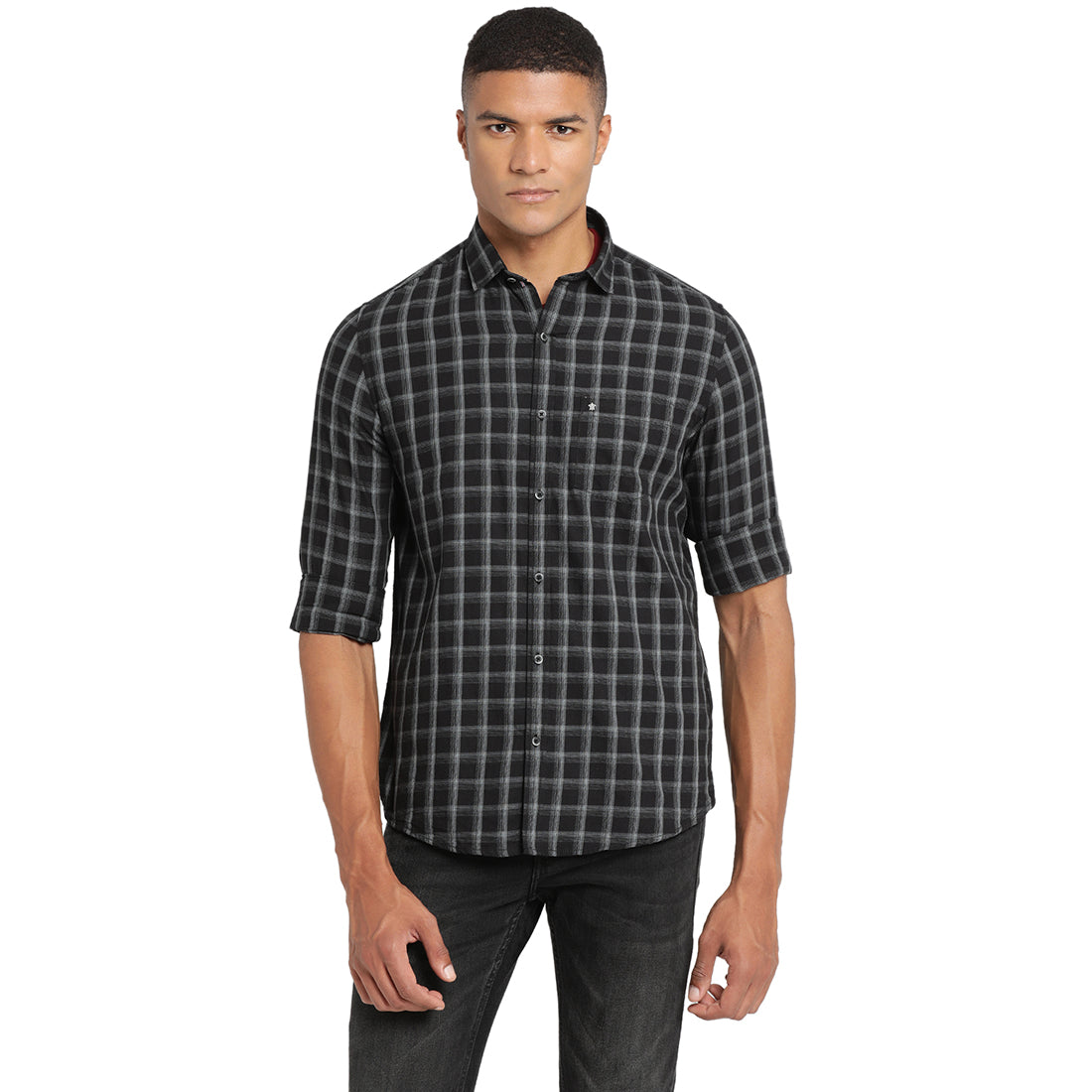 Turtle Men Black Cotton Checked Slim Fit Casual Shirts