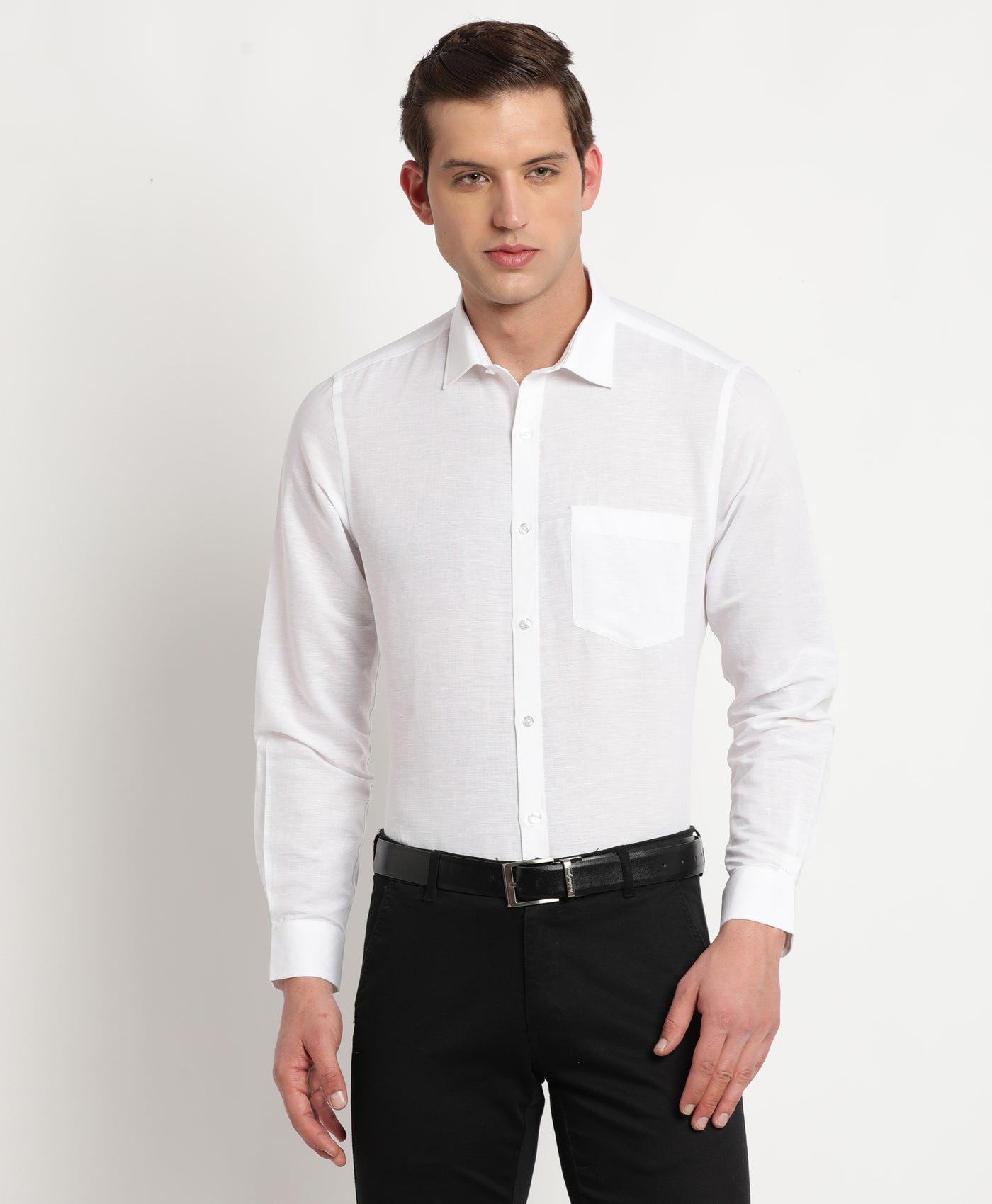 Cotton Linen White Plain Slim Fit Full Sleeve Formal Shirt