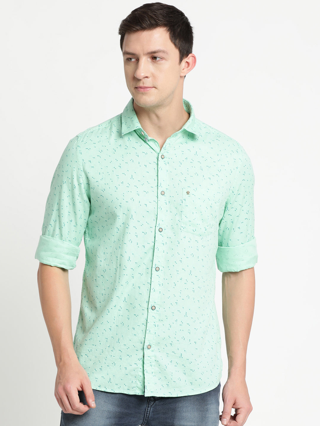 100% Cotton Light Green Printed Slim Fit Full Sleeve Casual Shirt