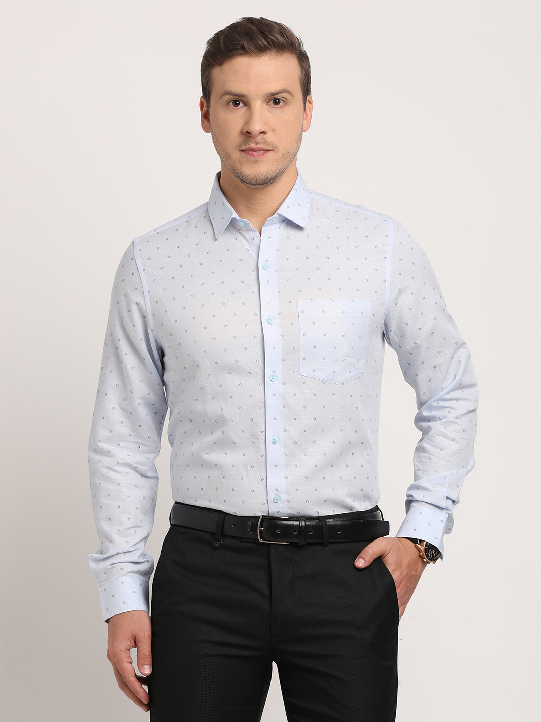 Cotton Linen Light Blue Printed Slim Fit Full Sleeve Formal Shirt