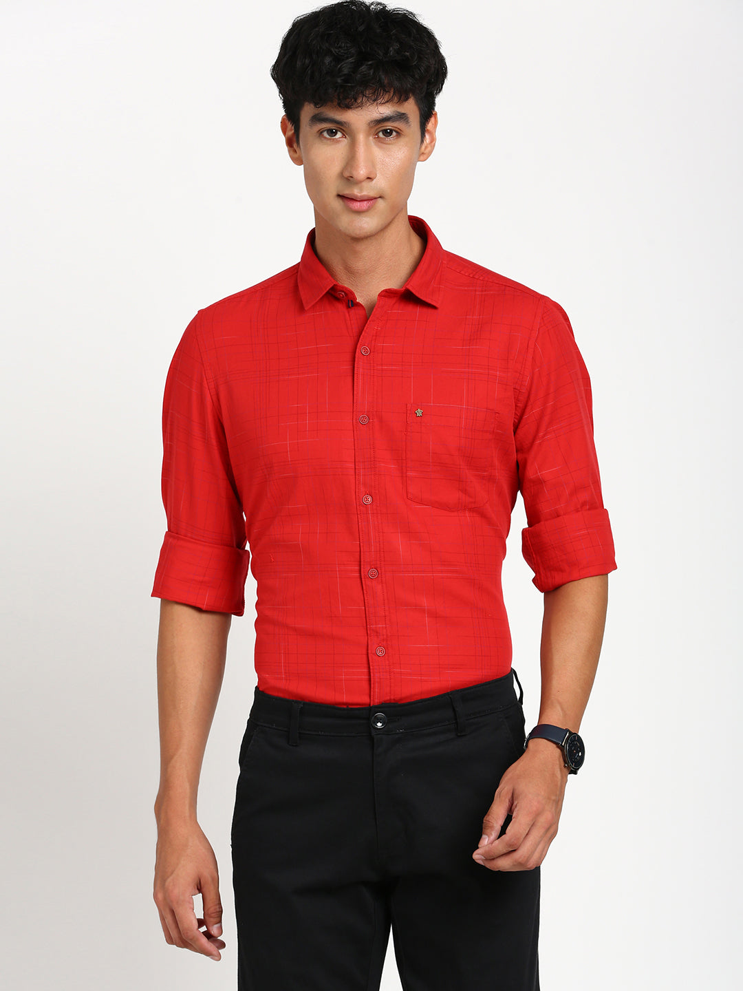 100% Cotton Red Checkered Slim Fit Full Sleeve Casual Shirt