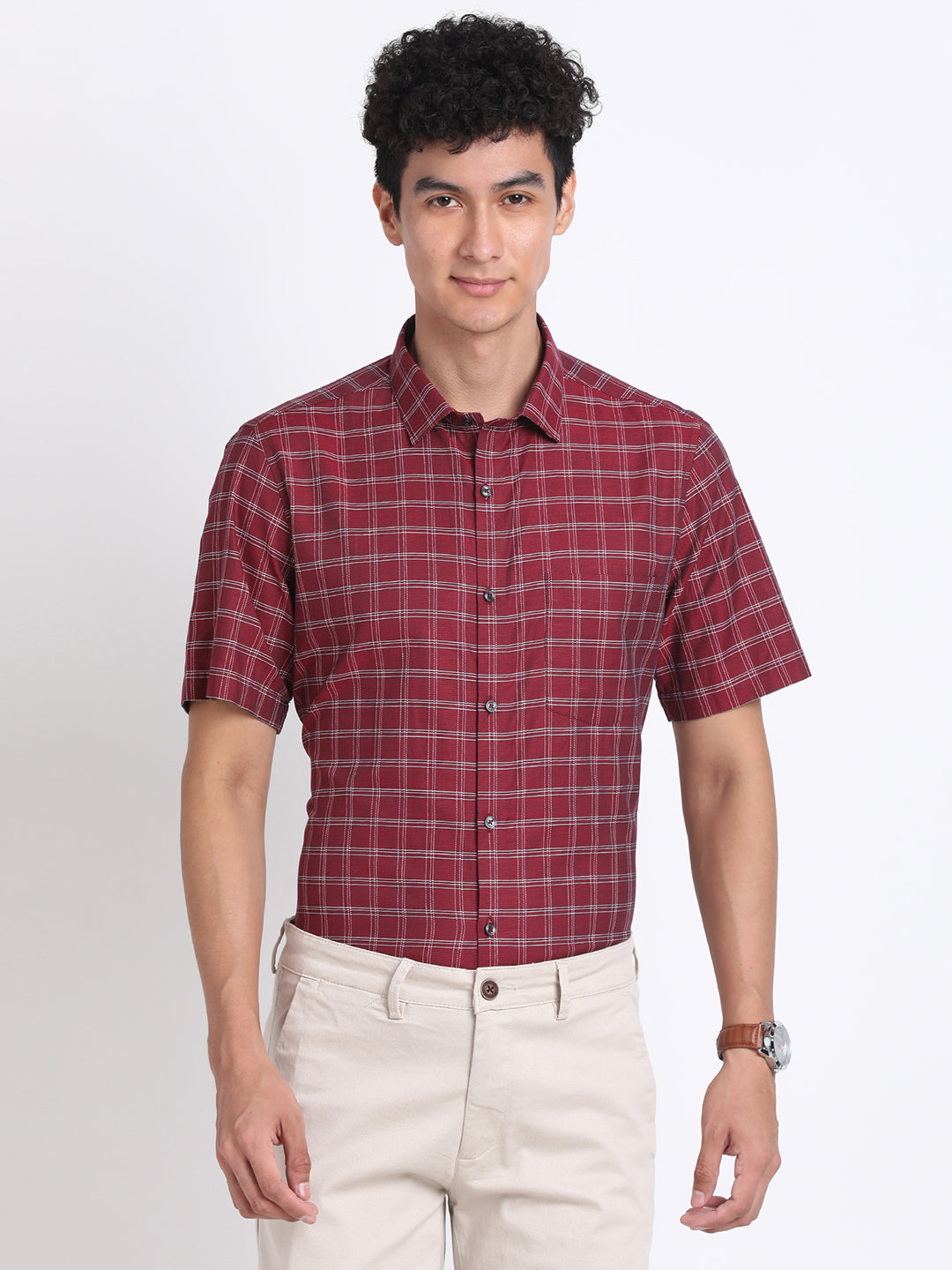 100% Cotton Maroon Checkered Regular Fit Half Sleeve Formal Shirt