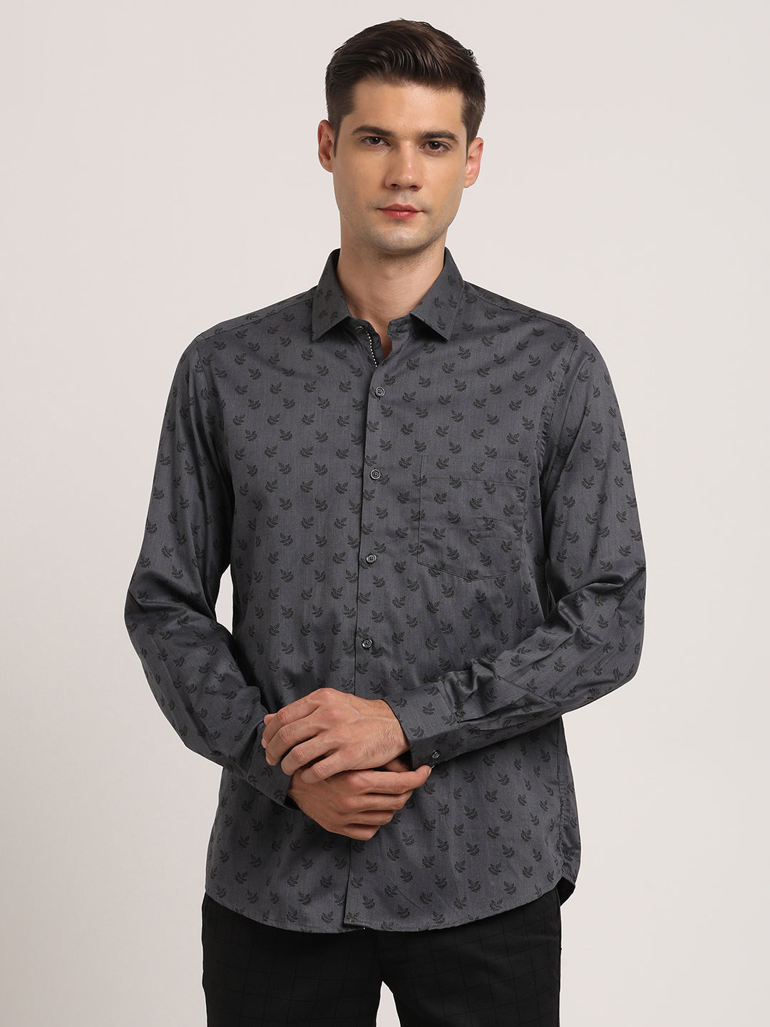 100% Cotton Charcoal Grey Printed Slim Fit Full Sleeve Ceremonial Shirt