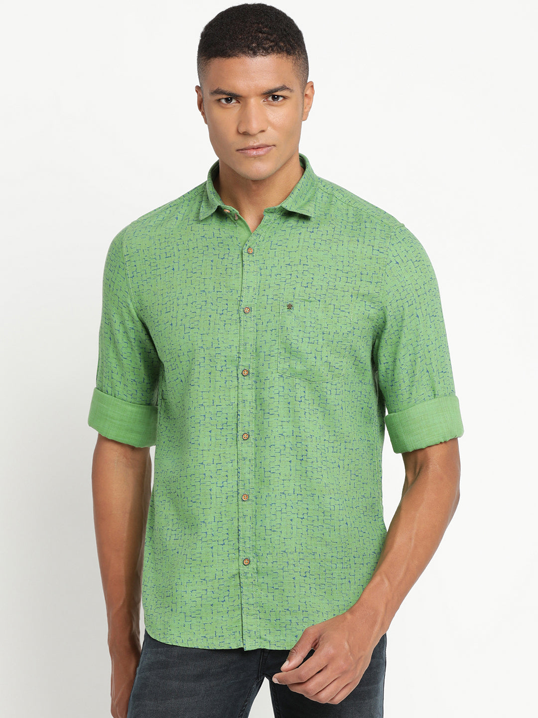 100% Cotton Green Printed Slim Fit Full Sleeve Casual Shirt