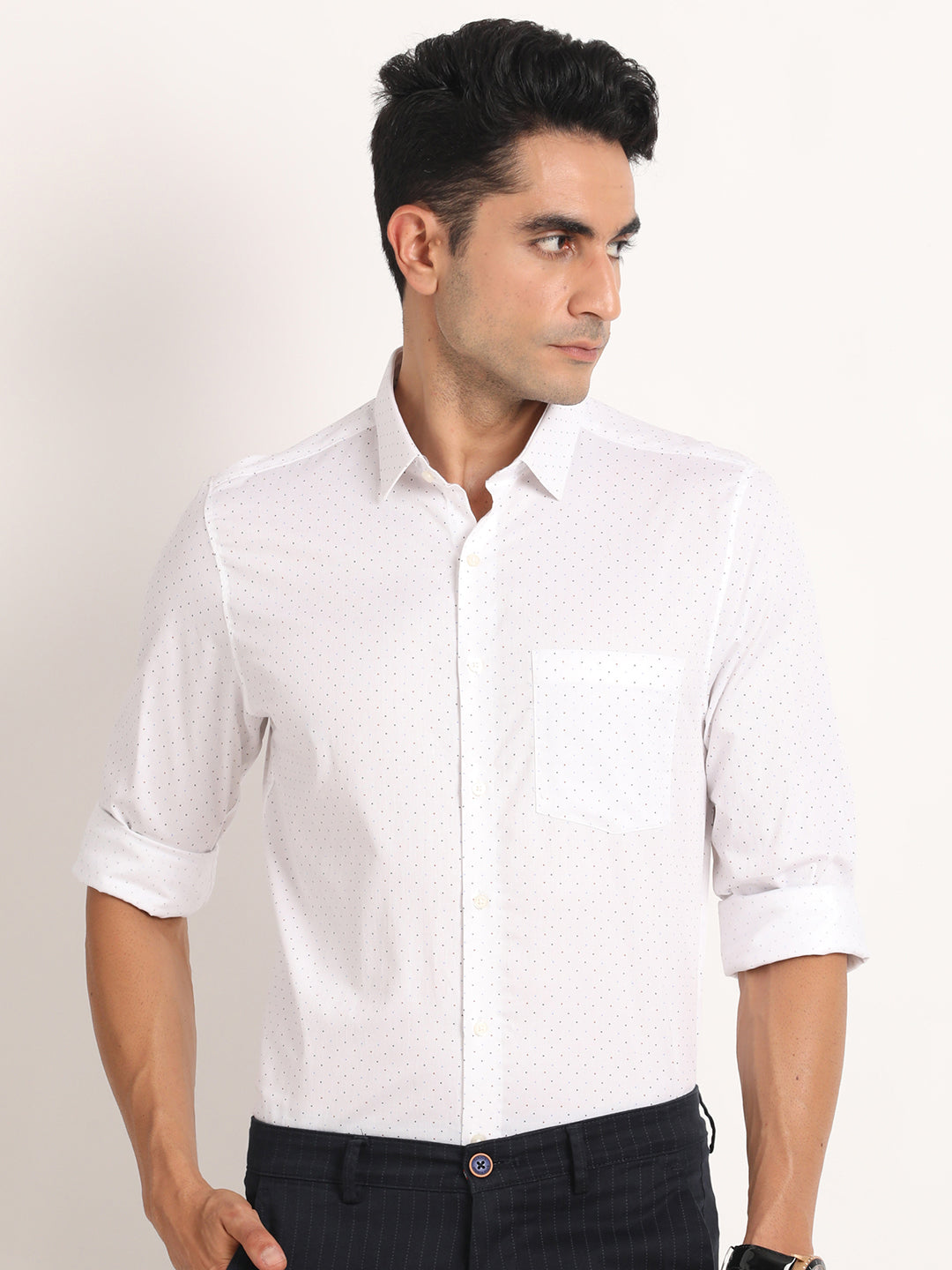 100% Cotton White Printed Slim Fit Full Sleeve Formal Shirt