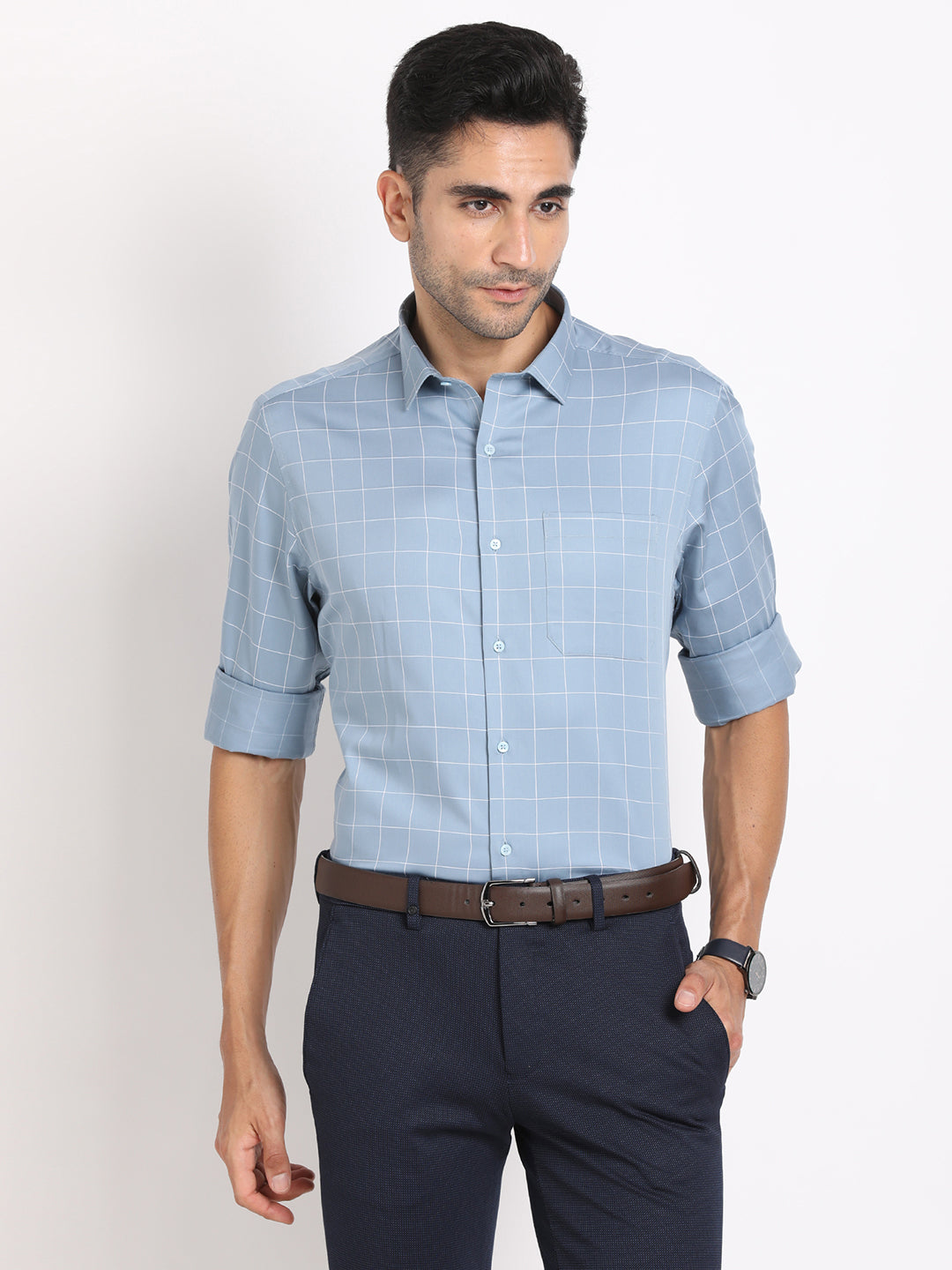 100% Cotton Blue Checkered Regular Fit Full Sleeve Formal Shirt