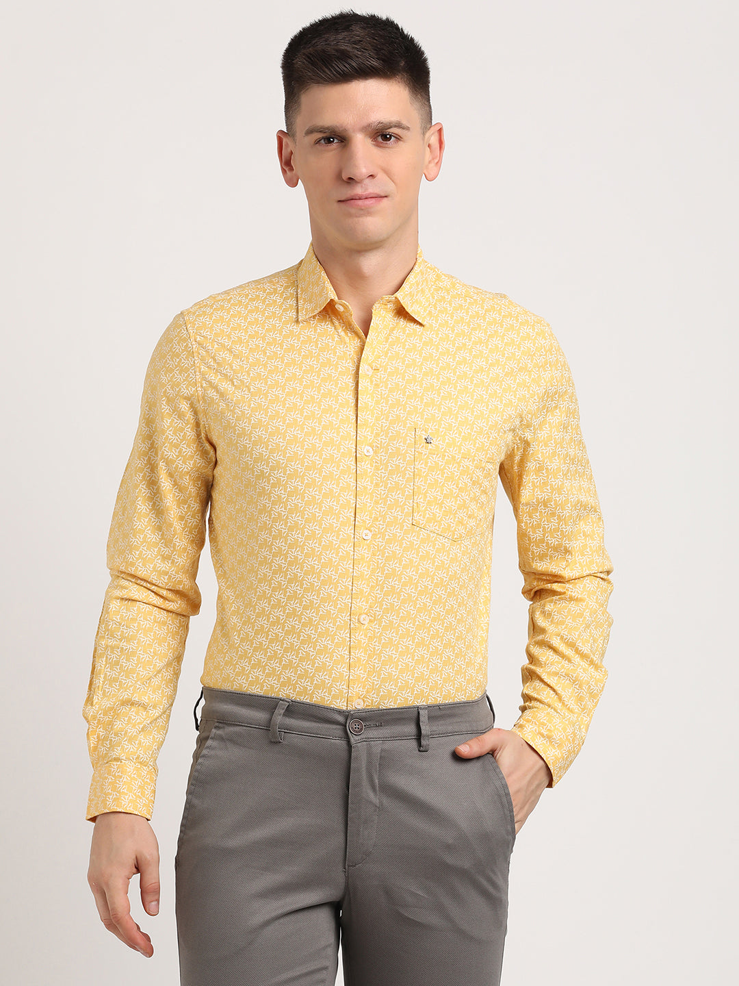 100% Cotton Yellow Printed Slim Fit Full Sleeve Casual Shirt