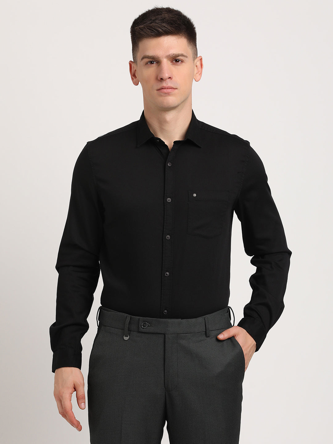 Cotton Stretch Black Plain Slim Fit Full Sleeve Casual Shirt