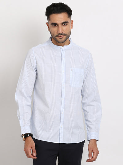 100% Cotton Sky Blue Dobby Slim Fit Mandarin Collar Casual Shirt
