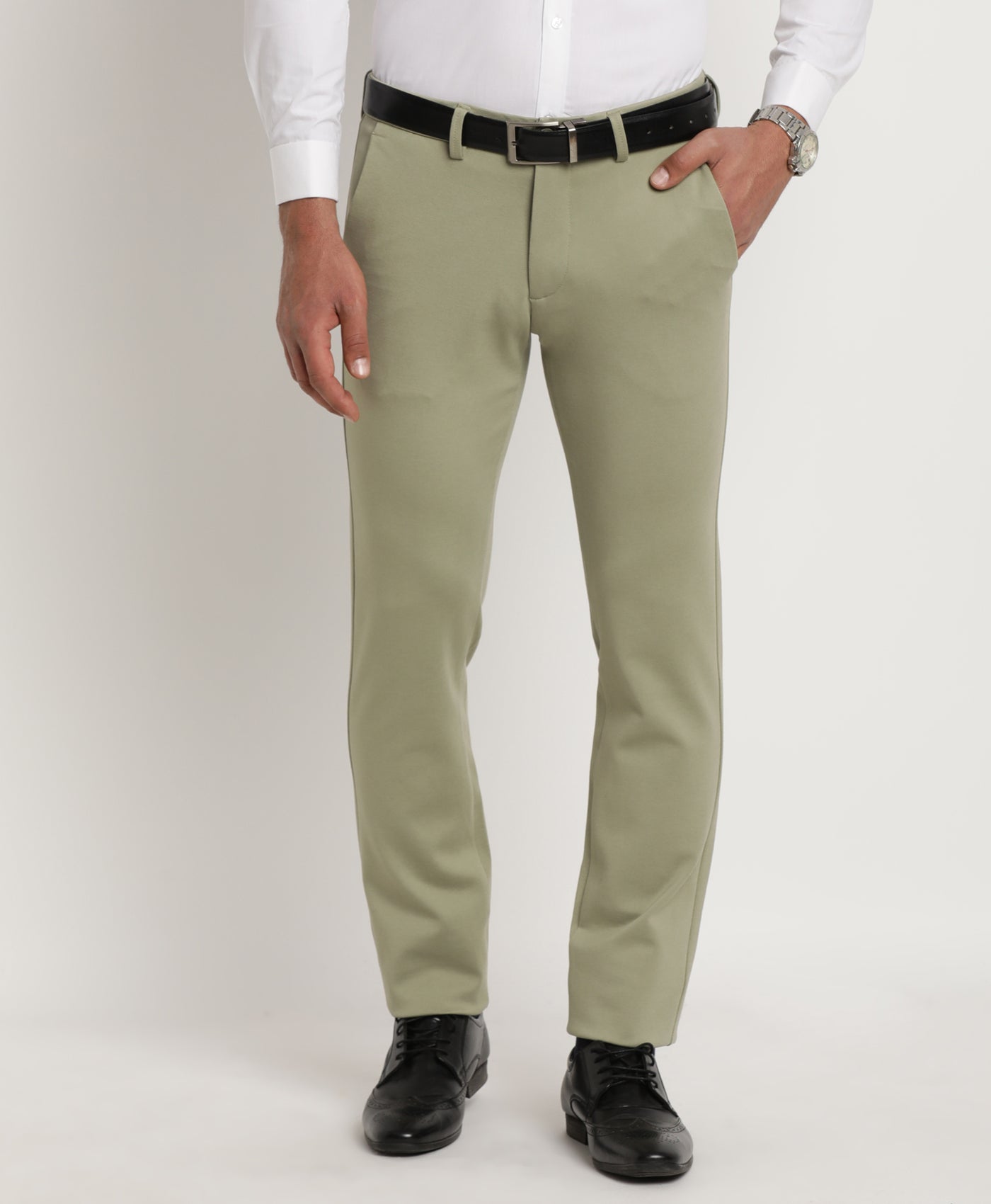 Cotton Stretch Pista Green Plain Ultra Slim Fit Flat Front Casual Trouser