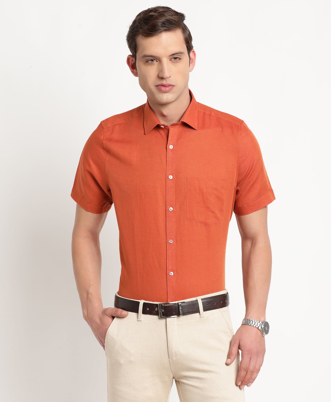 Cotton Linen Rust Plain Regular Fit Half Sleeve Formal Shirt