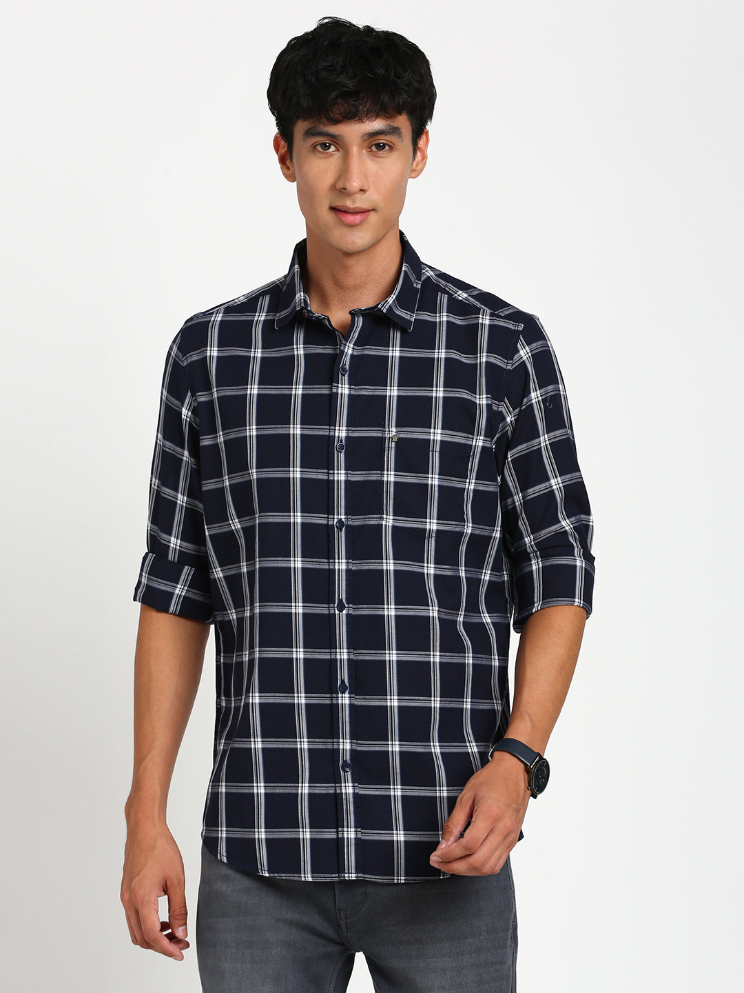 100% Cotton Navy Blue Checkered Slim Fit Full Sleeve Casual Shirt