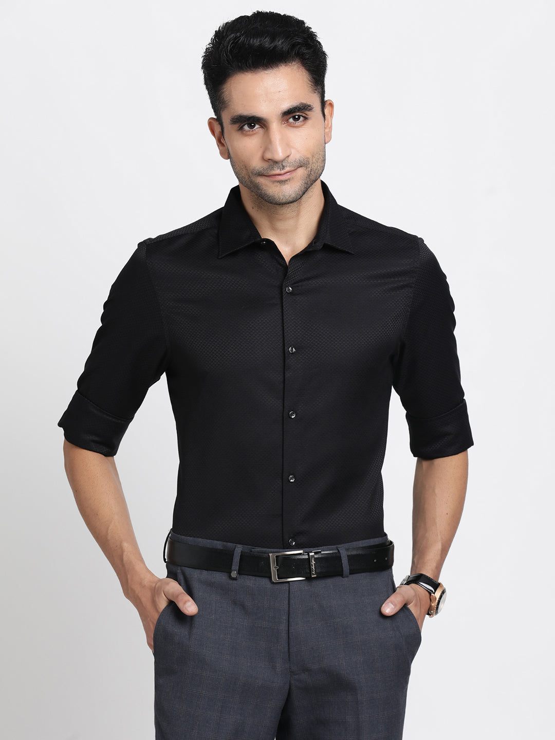 Poly Cotton Black Jacquard Slim Fit Full Sleeve Ceremonial Shirt