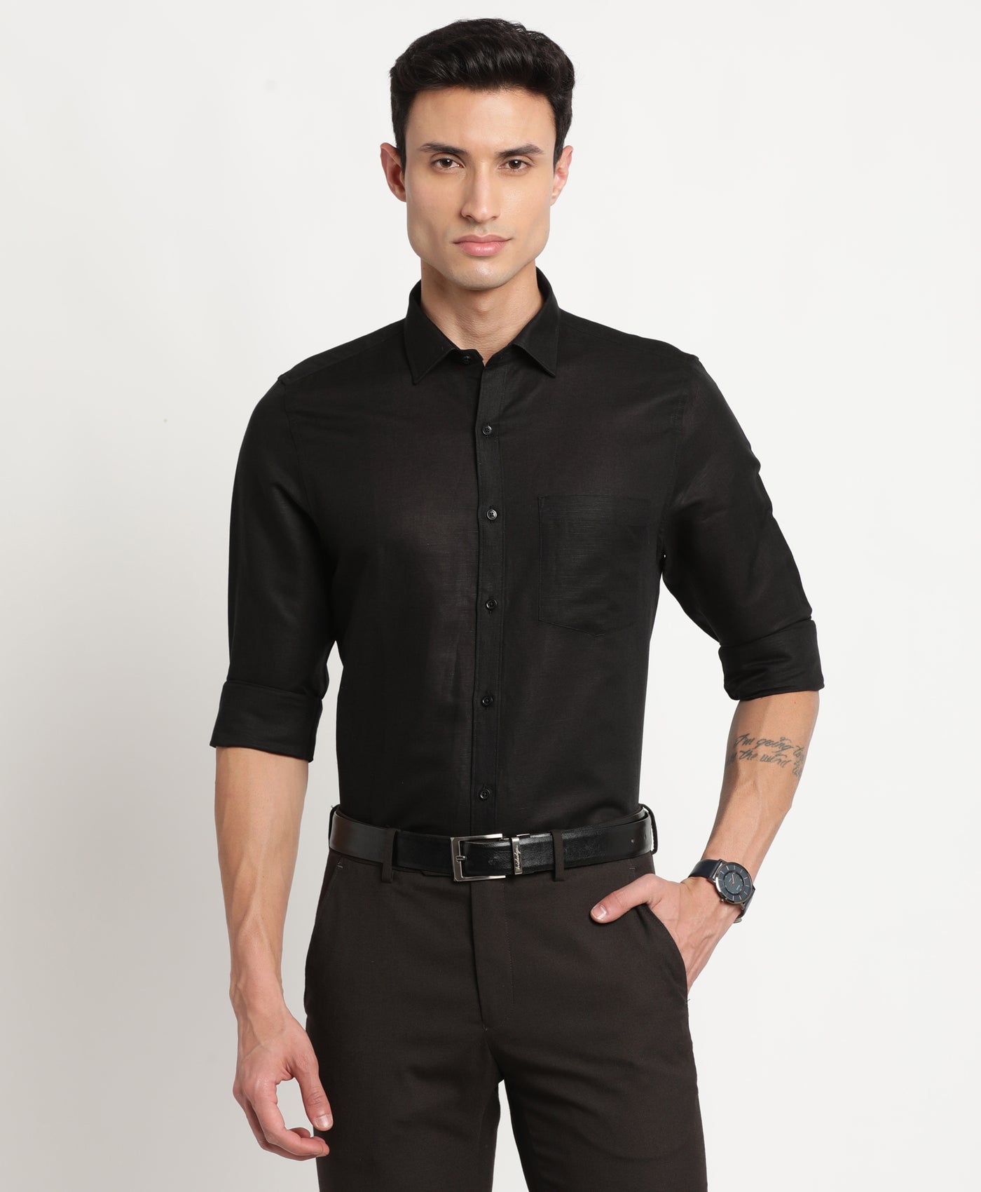 Cotton Linen Black Plain Slim Fit Full Sleeve Formal Shirt