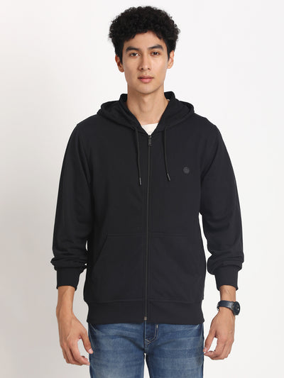 Essential Poly Cotton Black Plain Regular Fit Full Sleeve Casual Hooded Sweatshirt