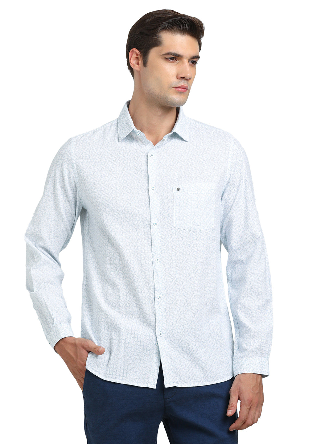 100% Cotton Sky Blue Printed Slim Fit Full Sleeve Casual Shirt