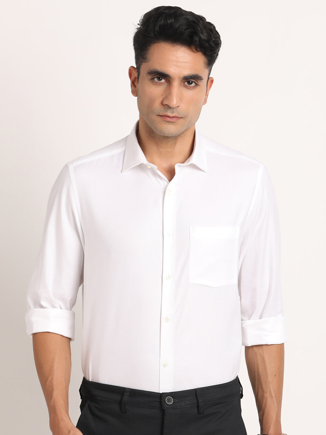 100% Cotton White Dobby Regular Fit Full Sleeve Formal Shirt