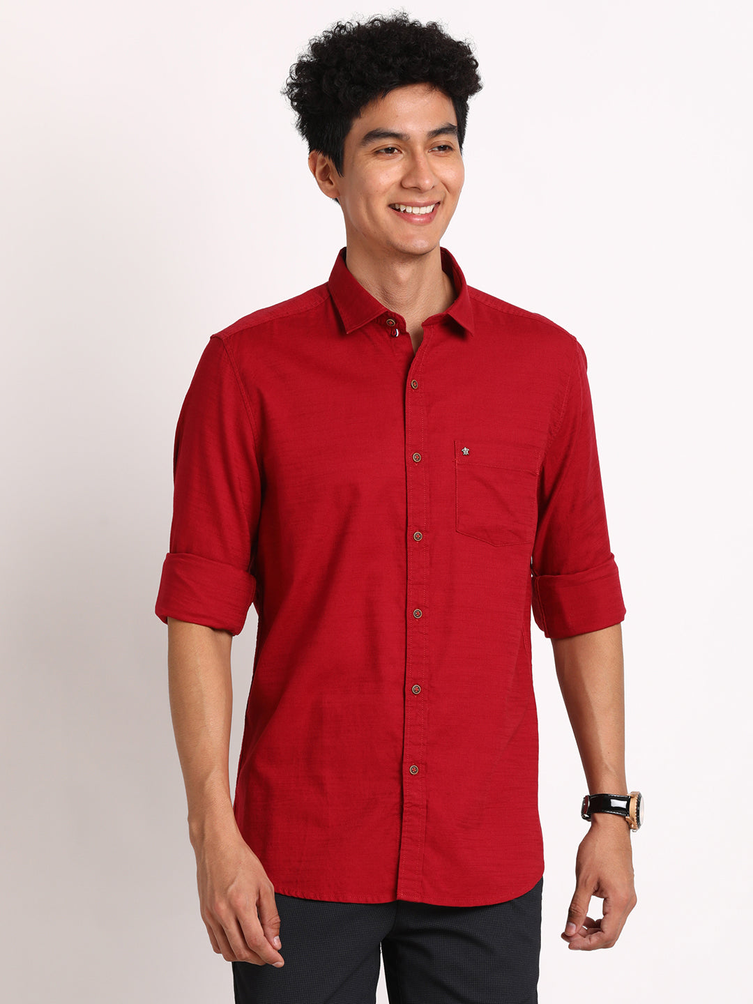 100% Cotton Red Plain Slim Fit Full Sleeve Casual Shirt