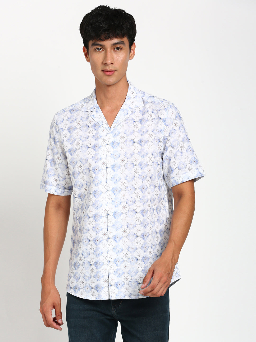 Cotton Blue Printed Slim Fit Half Sleeve Casual Shirt