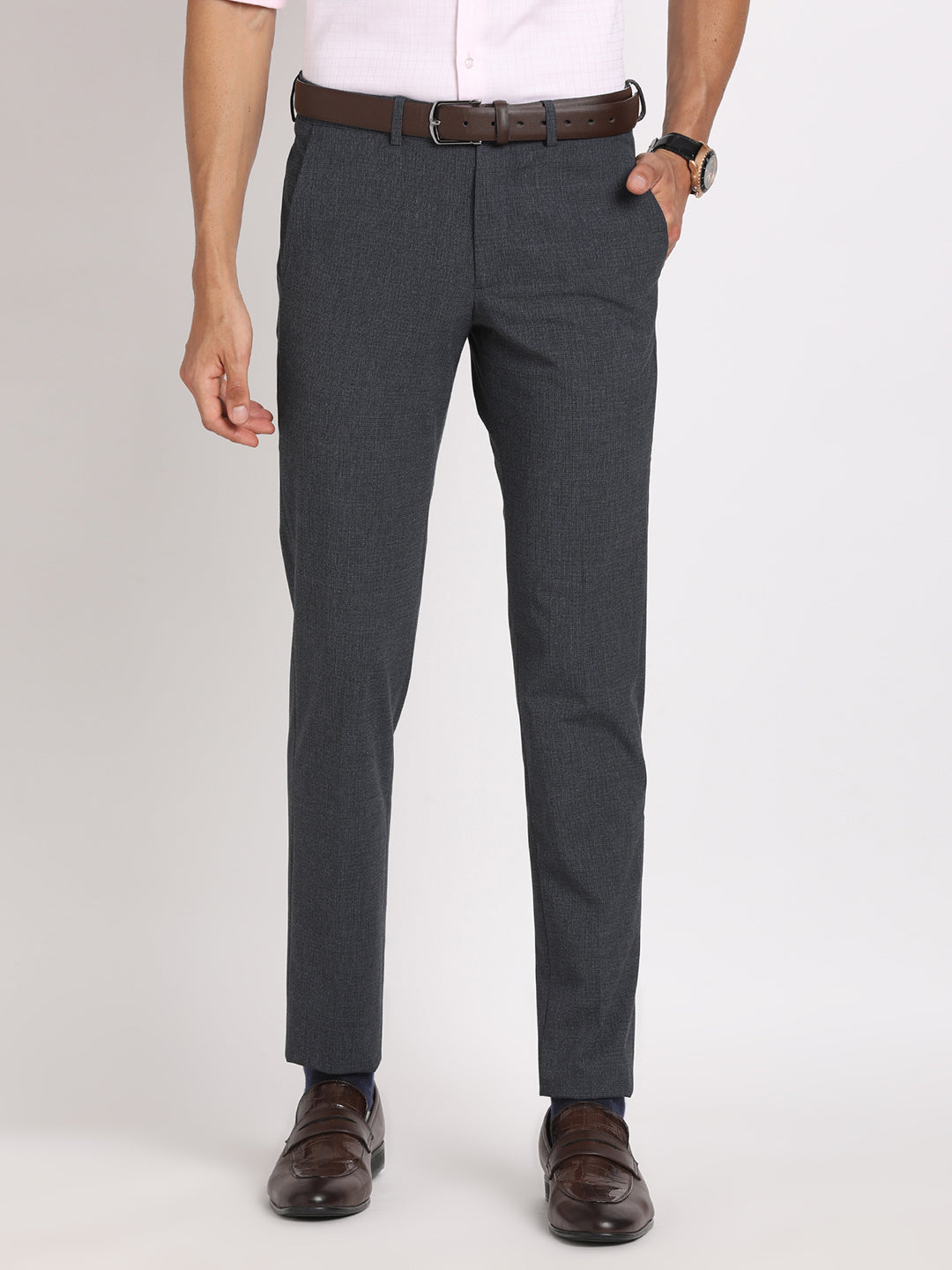 Poly Viscose Grey Checkered Slim Fit Flat Front Ceremonial Trouser