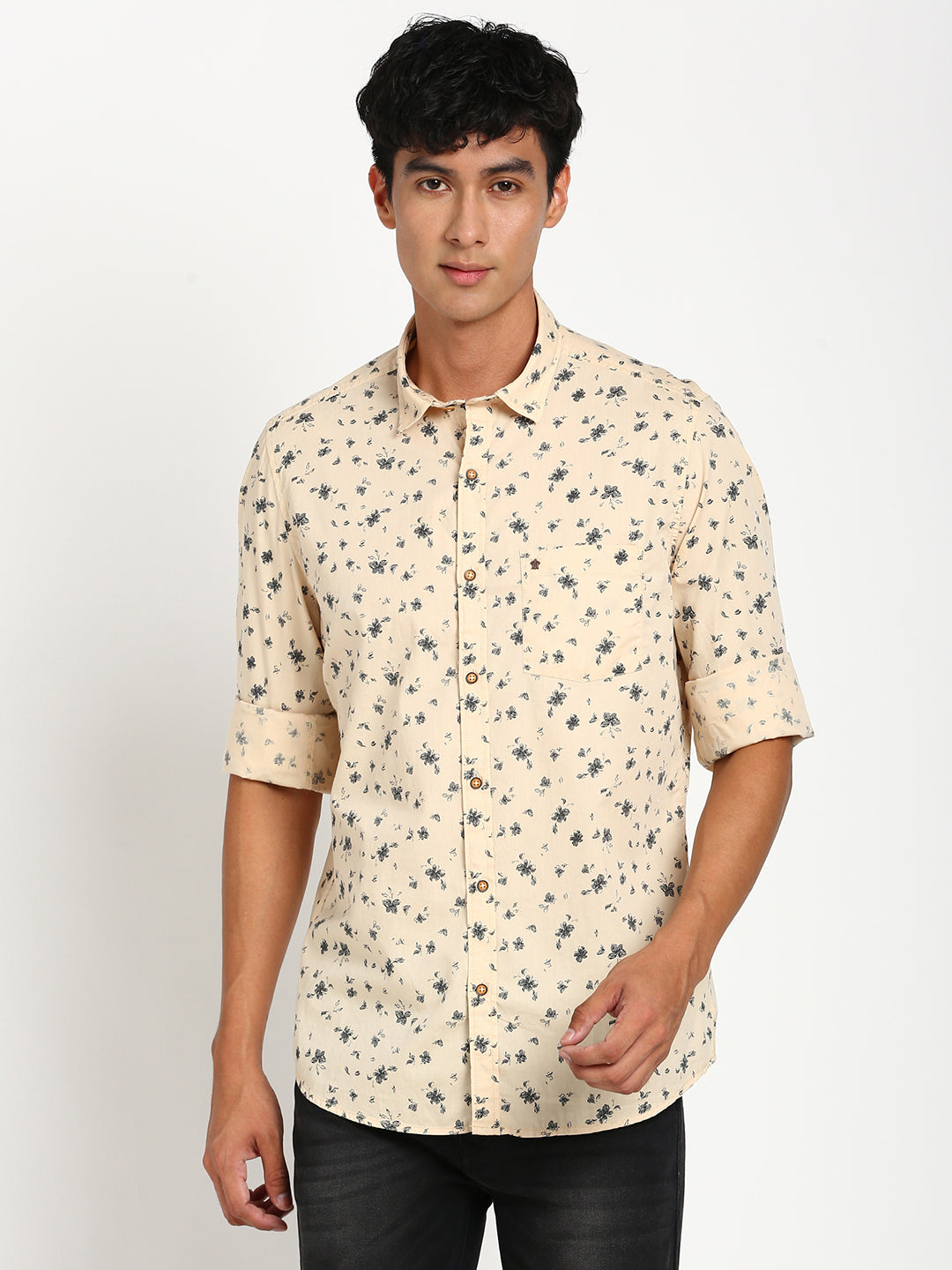 100% Cotton Beige Printed Slim Fit Full Sleeve Casual Shirt