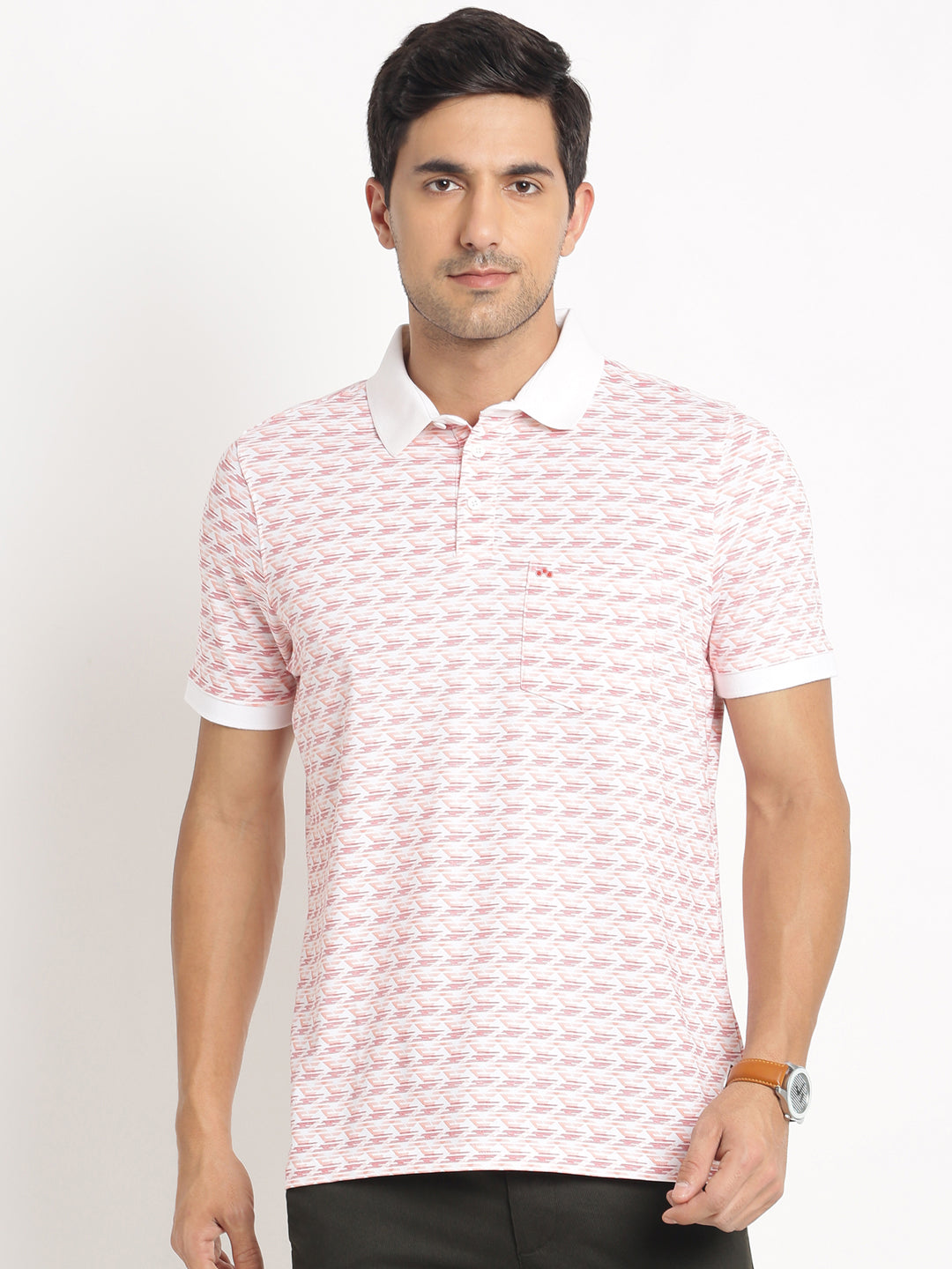Cotton Stretch Pink Printed Polo Neck Half Sleeve Casual T-Shirt