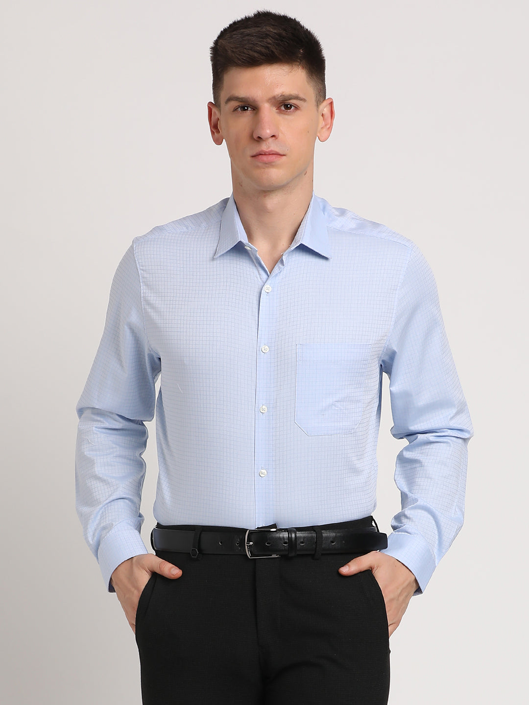 Giza Cotton Light Blue Checkered Regular Fit Full Sleeve Formal Shirt