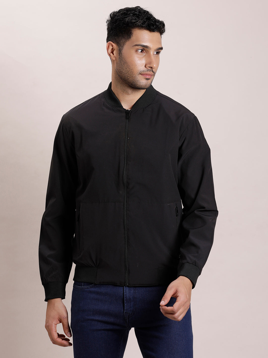 Nylon Solid Nvy Blue Zipper Windcheater Jacket