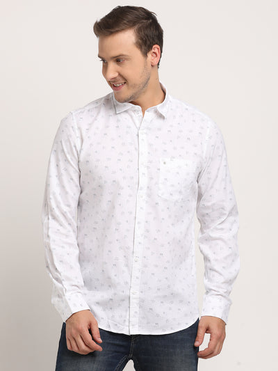 100% Cotton White Printed Slim Fit Full Sleeve Casual Shirt