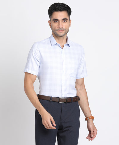 100% Cotton Sky Blue Checkered Regular Fit Half Sleeve Formal Shirt