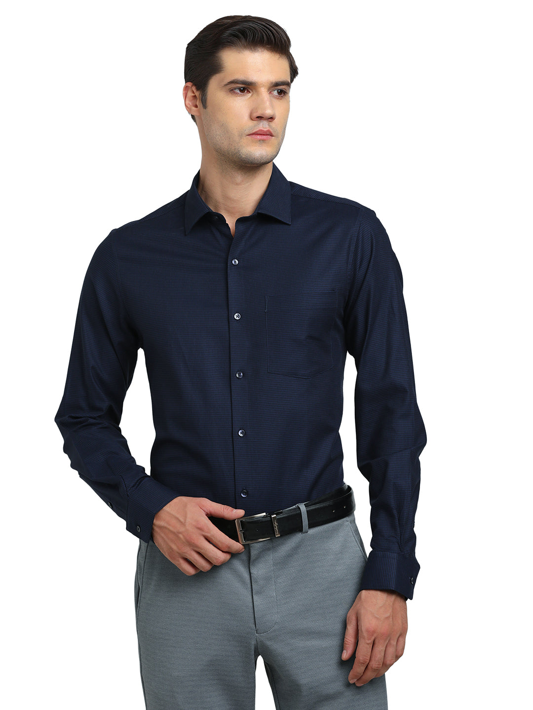 100% Cotton Navy Blue Dobby Slim Fit Full Sleeve Formal Shirt