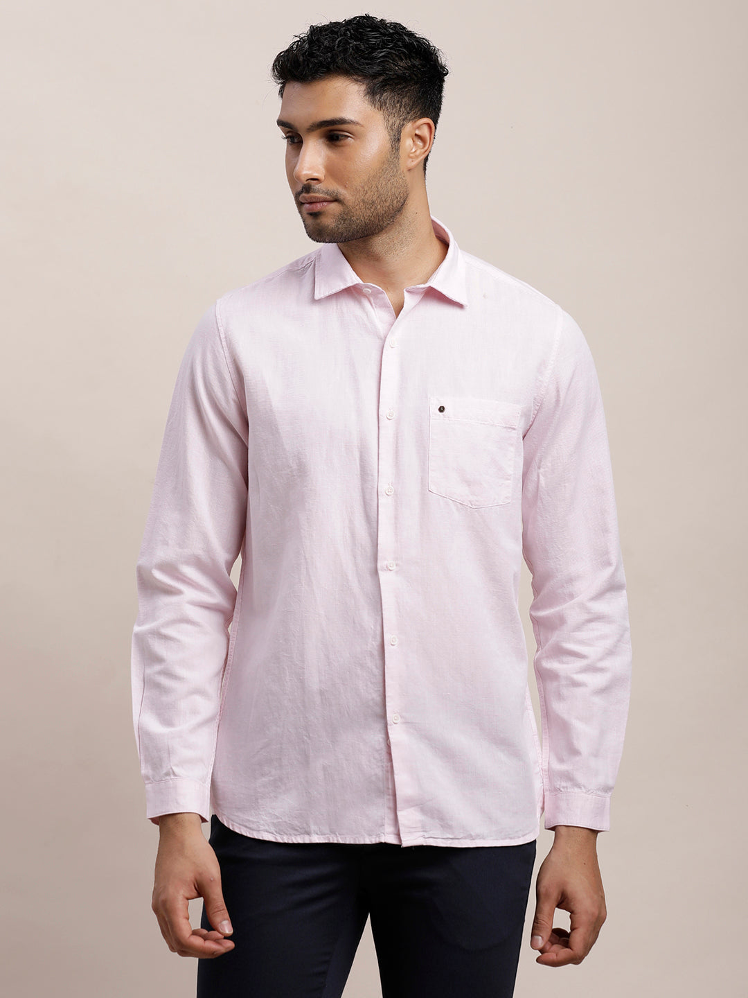 Cotton Linen Light Pink Plain Slim Fit Full Sleeve Casual Shirt