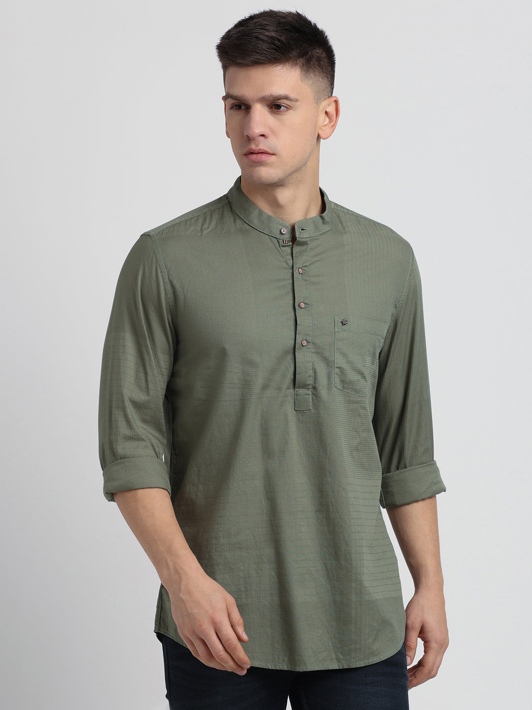 100% Cotton Olive Plain Kurta Full Sleeve Casual Shirt