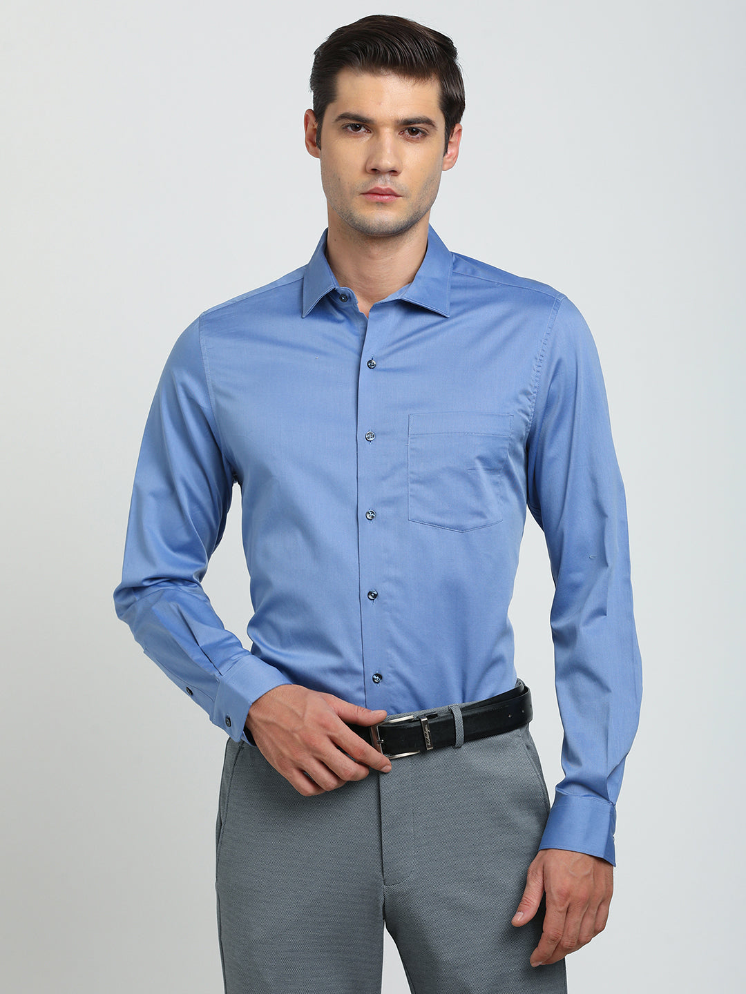 100% Cotton Blue Plain Slim Fit Full Sleeve Formal Shirt