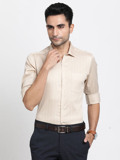 Poly Cotton Stretch Beige Striped Slim Fit Full Sleeve Formal Shirt
