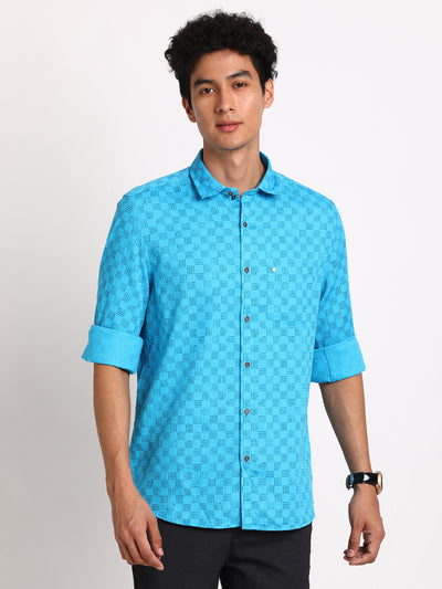 100% Cotton Light Blue Printed Slim Fit Full Sleeve Casual Shirt