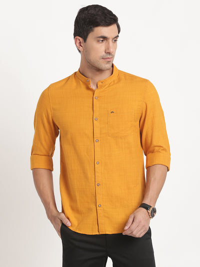 Cotton Lyocell Mustard Yellow Plains Slim Fit Full Sleeve Casual Shirt