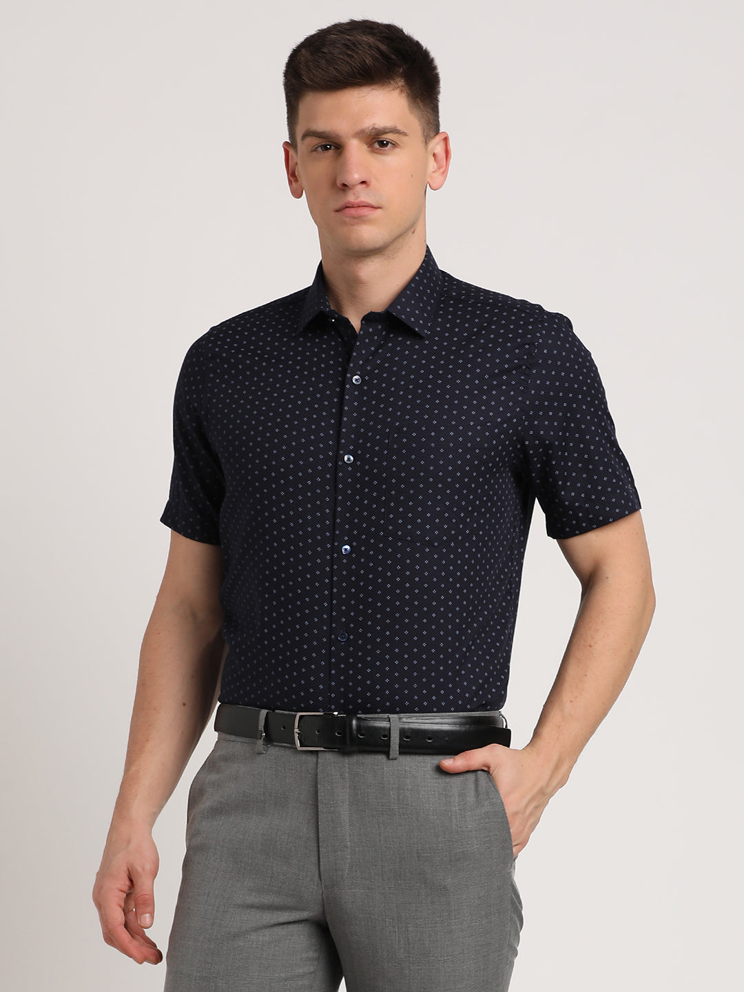 100% Cotton Navy Printed Regular Fit Half Sleeve Formal Shirt