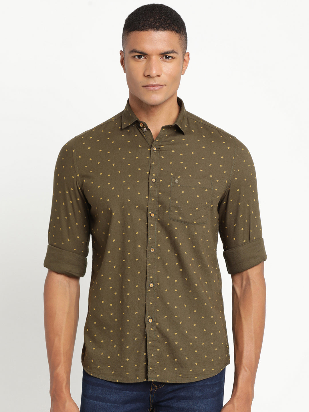 100% Cotton Olive Printed Slim Fit Full Sleeve Casual Shirt