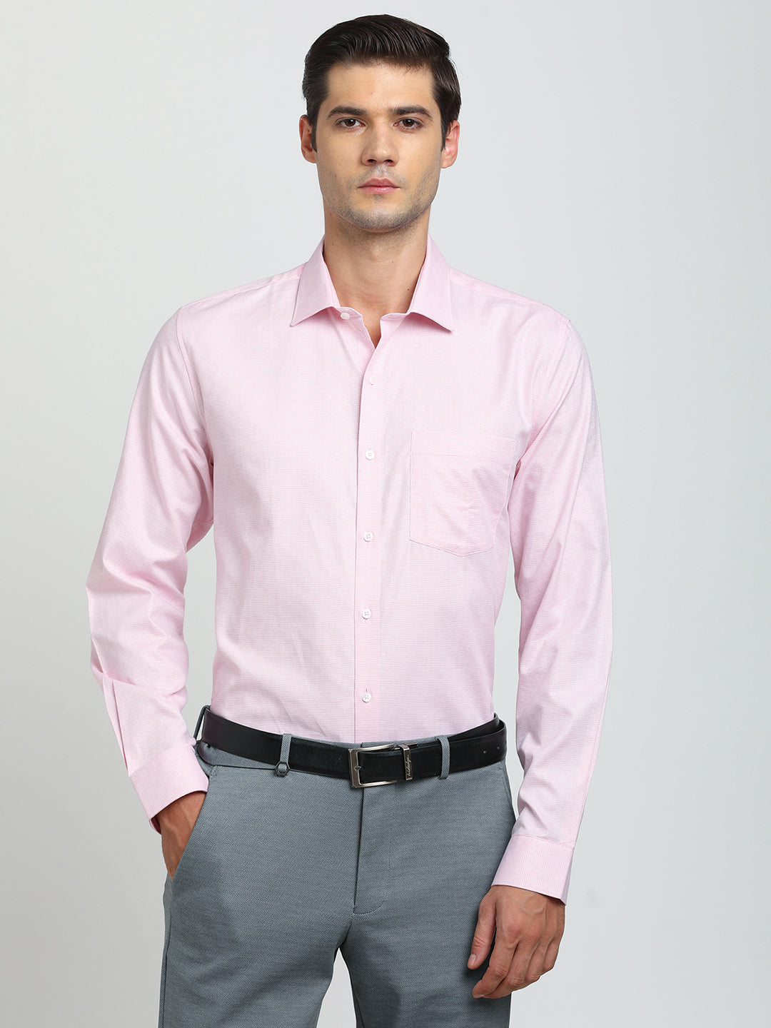 100% Cotton Pink Dobby Slim Fit Full Sleeve Formal Shirt