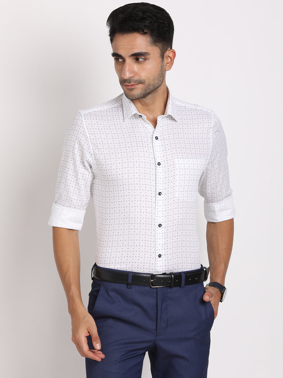 100% Cotton White Printed Slim Fit Full Sleeve Formal Shirt