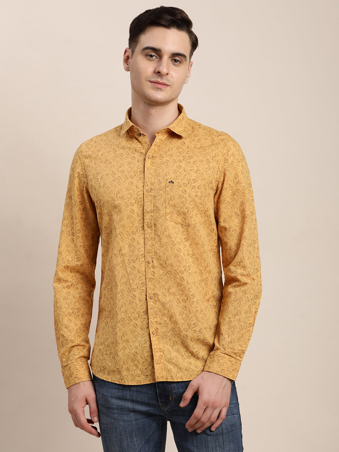 Cotton Linen Yellow Printed Slim Fit Full Sleeve Casual Shirt