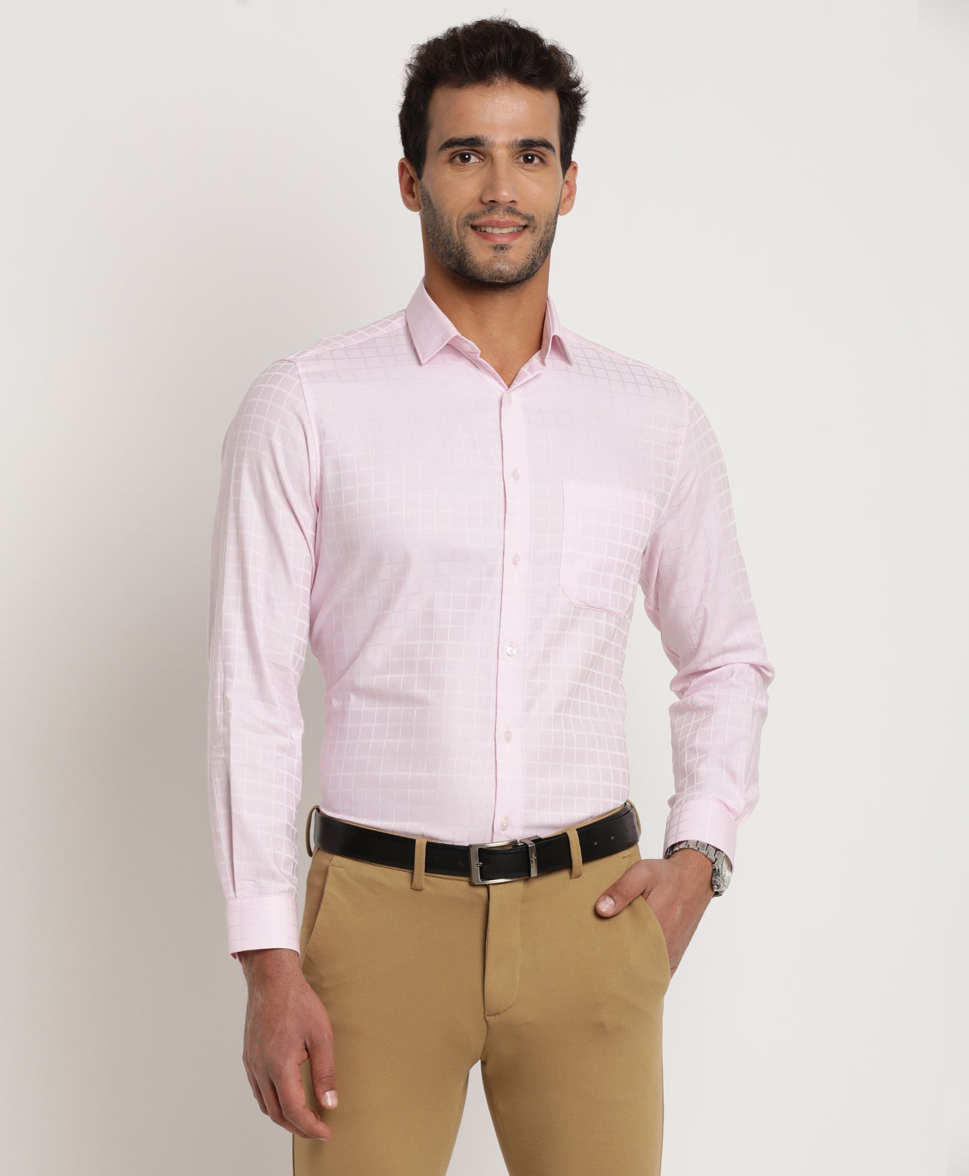 Giza Cotton Pink Checkered Regular Fit Full Sleeve Formal Shirt