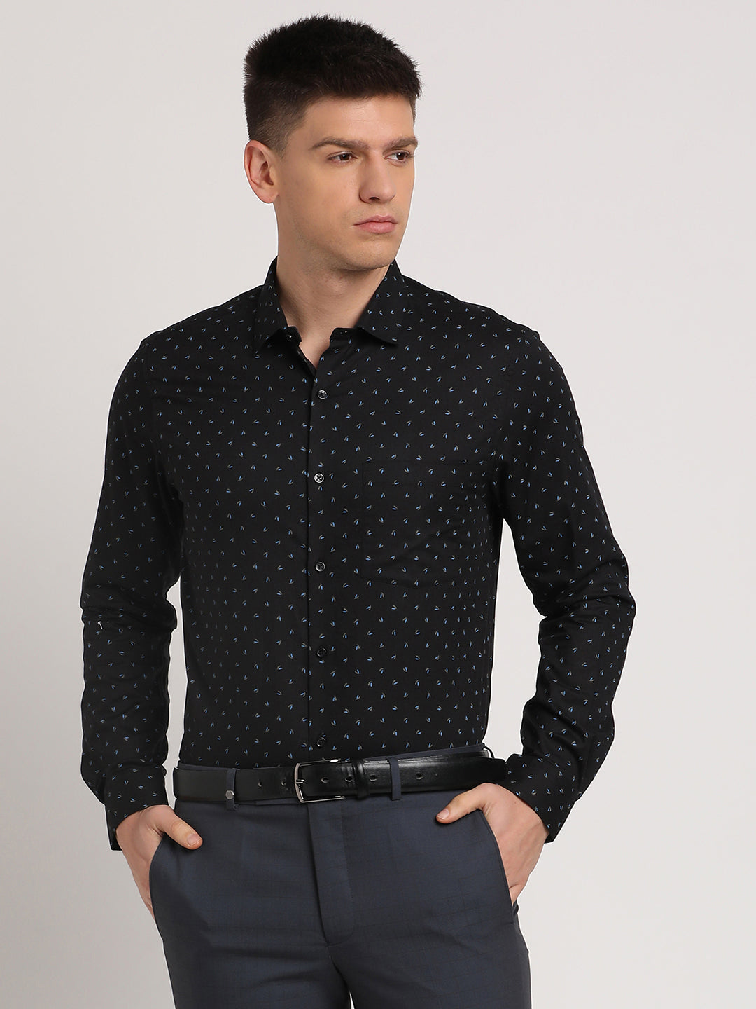 100% Cotton Black Printed Slim Fit Full Sleeve Formal Shirt